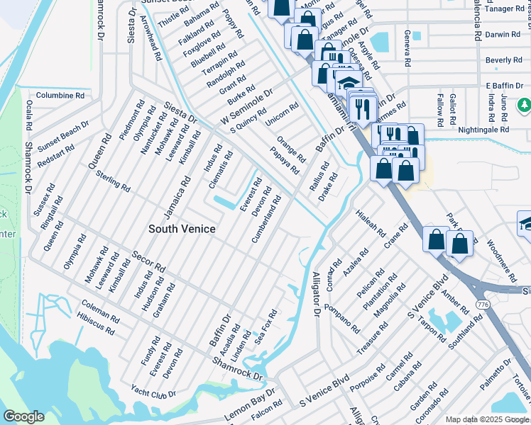 map of restaurants, bars, coffee shops, grocery stores, and more near 626 Cumberland Road in Venice