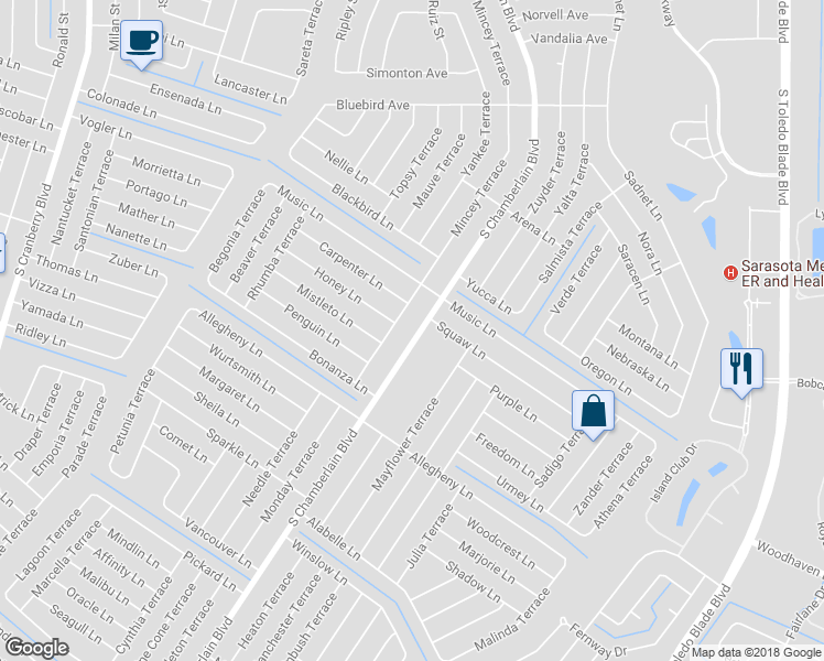 map of restaurants, bars, coffee shops, grocery stores, and more near 2663 South Chamberlain Boulevard in North Port