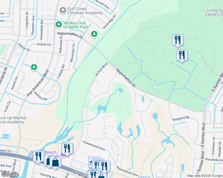 map of restaurants, bars, coffee shops, grocery stores, and more near 3542 Lakewood Boulevard in North Port