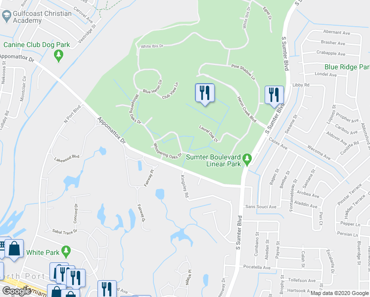map of restaurants, bars, coffee shops, grocery stores, and more near 4217 Whispering Oaks Drive in North Port