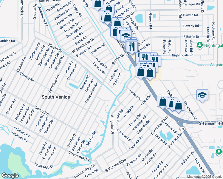 map of restaurants, bars, coffee shops, grocery stores, and more near 3636 Roslyn Road in Venice