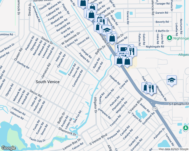 map of restaurants, bars, coffee shops, grocery stores, and more near 3636 Roslyn Road in Venice