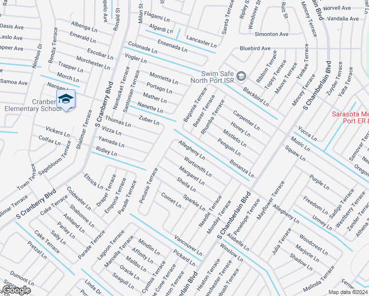 map of restaurants, bars, coffee shops, grocery stores, and more near 2595 Allegheny Lane in North Port