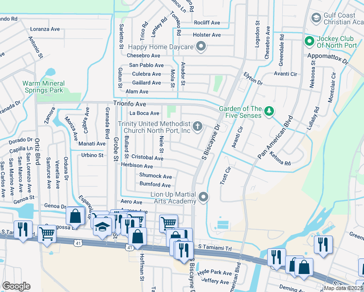map of restaurants, bars, coffee shops, grocery stores, and more near 8179 Coco Solo Avenue in North Port