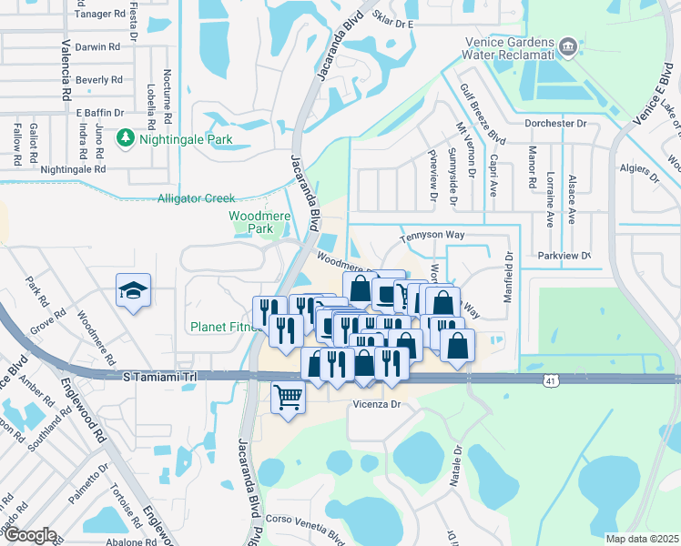 map of restaurants, bars, coffee shops, grocery stores, and more near 4140 Woodmere Park Boulevard in Venice
