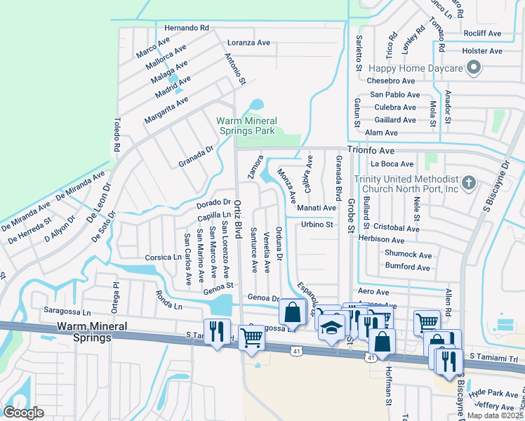 map of restaurants, bars, coffee shops, grocery stores, and more near 12203 Cotorro Ave in North Port