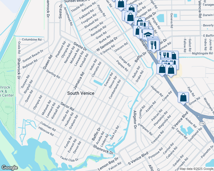 map of restaurants, bars, coffee shops, grocery stores, and more near 713 Everest Road in Venice