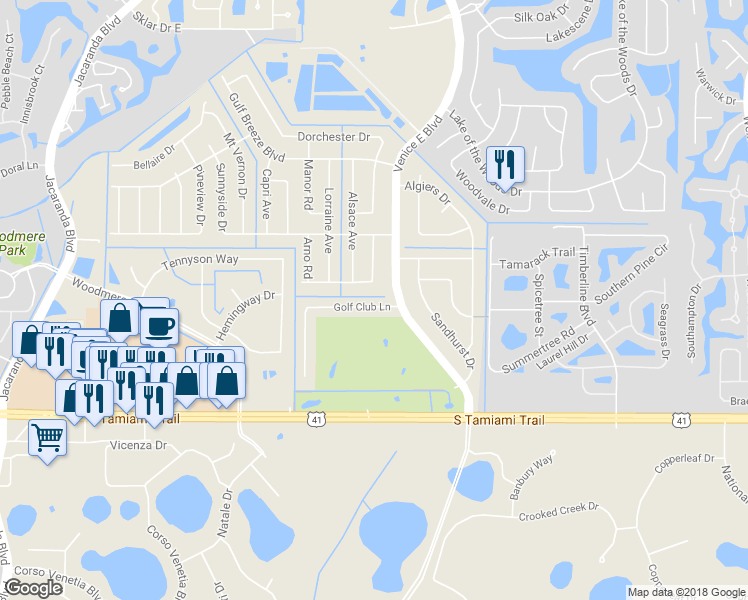 map of restaurants, bars, coffee shops, grocery stores, and more near 114 Golf Club Lane in Venice