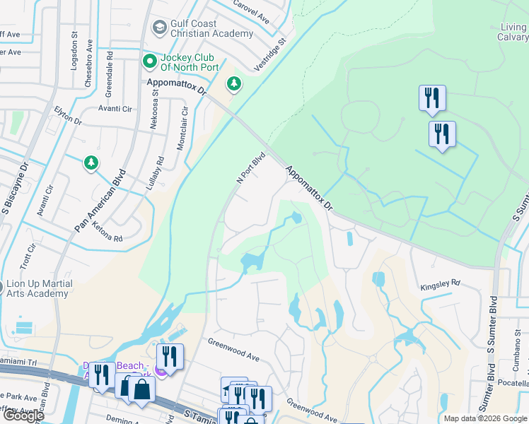 map of restaurants, bars, coffee shops, grocery stores, and more near 3542 Lakewood Boulevard in North Port