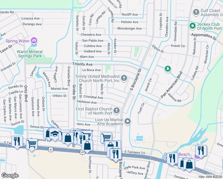map of restaurants, bars, coffee shops, grocery stores, and more near 8270 Cascadas Avenue in North Port