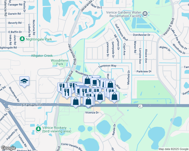 map of restaurants, bars, coffee shops, grocery stores, and more near 4200 Tennyson Way in Venice