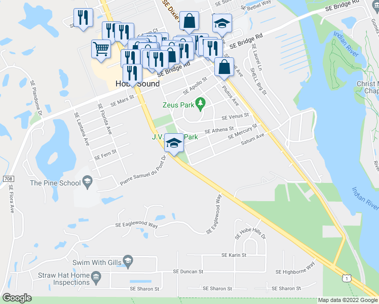 map of restaurants, bars, coffee shops, grocery stores, and more near 12299 Southeast Hercules Avenue in Hobe Sound