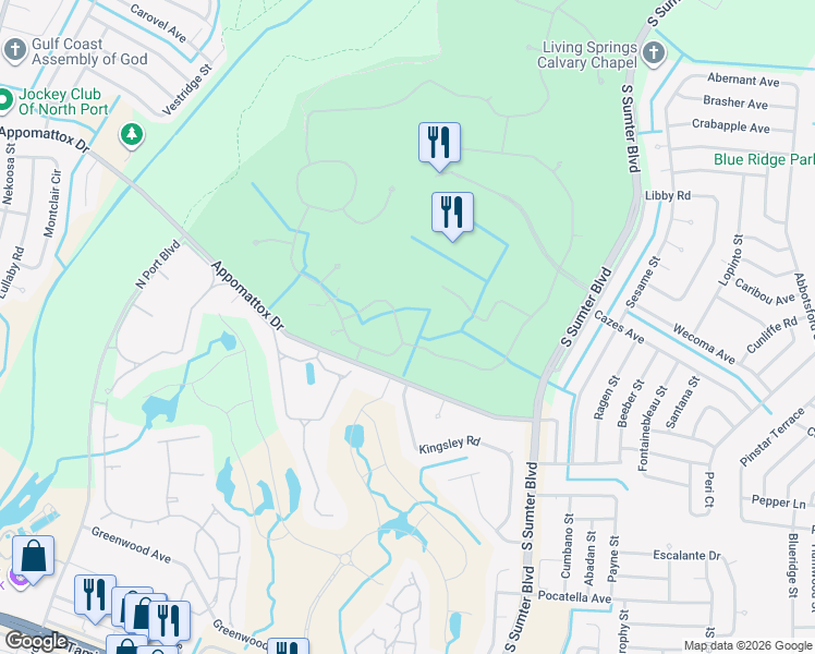 map of restaurants, bars, coffee shops, grocery stores, and more near 4217 Whispering Oaks Drive in North Port