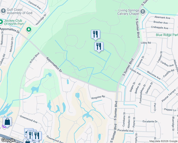 map of restaurants, bars, coffee shops, grocery stores, and more near 4217 Whispering Oaks Drive in North Port