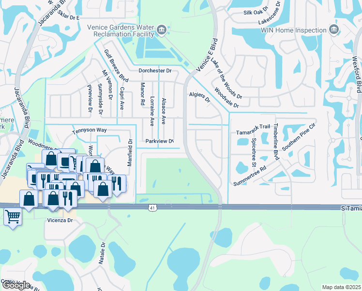 map of restaurants, bars, coffee shops, grocery stores, and more near 114 Golf Club Lane in Venice