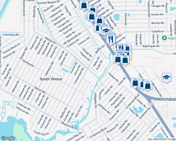 map of restaurants, bars, coffee shops, grocery stores, and more near 531 Baffin Drive in Venice