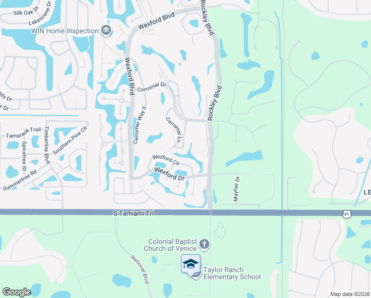map of restaurants, bars, coffee shops, grocery stores, and more near 451 Wexford Circle in Venice