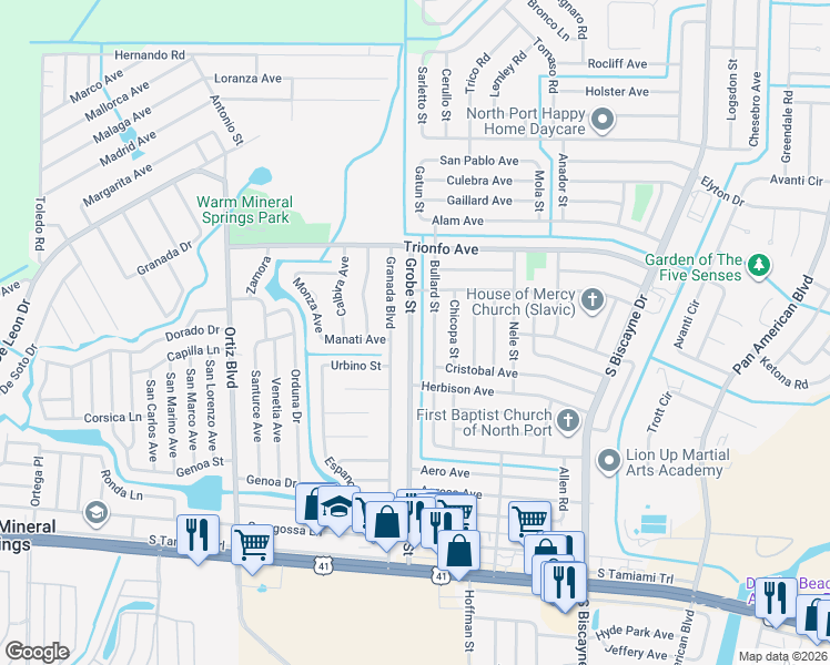 map of restaurants, bars, coffee shops, grocery stores, and more near 4739 Bullard Street in North Port