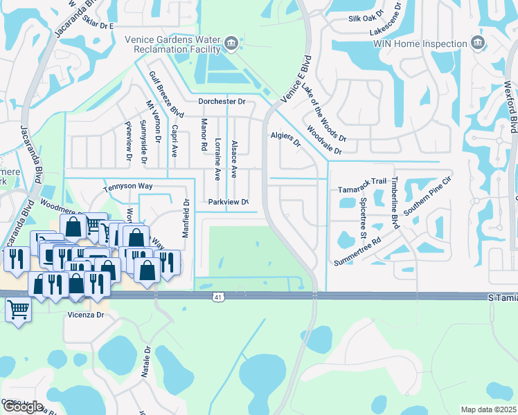 map of restaurants, bars, coffee shops, grocery stores, and more near 114 Golf Club Lane in Venice