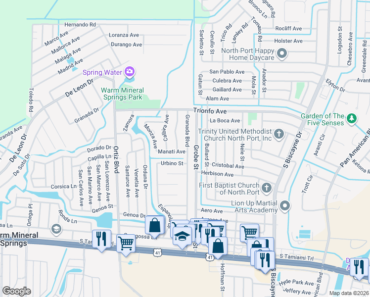 map of restaurants, bars, coffee shops, grocery stores, and more near 402 Granada Boulevard in North Port