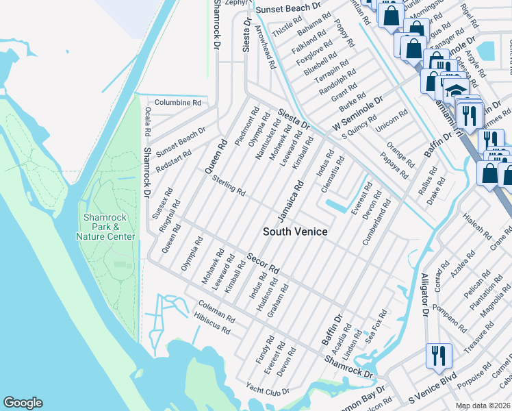 map of restaurants, bars, coffee shops, grocery stores, and more near 1125 Leeward Road in Venice