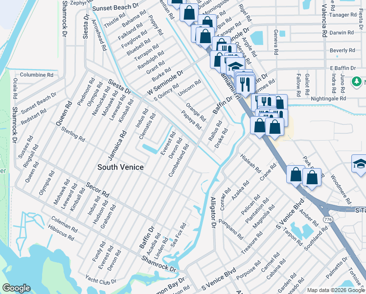 map of restaurants, bars, coffee shops, grocery stores, and more near 626 Cumberland Road in Venice