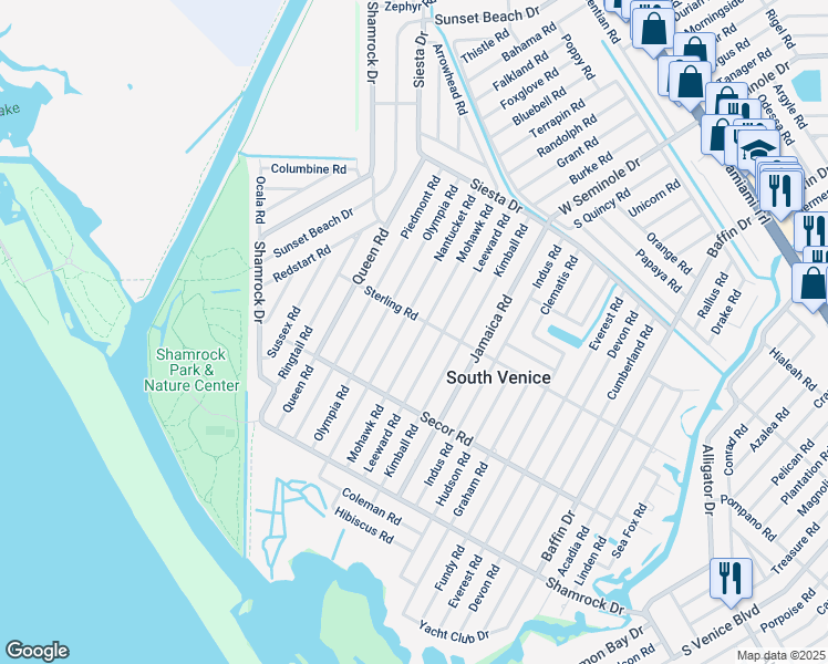 map of restaurants, bars, coffee shops, grocery stores, and more near 1188 Mohawk Road in Venice