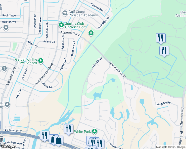 map of restaurants, bars, coffee shops, grocery stores, and more near 3665 Lakewood Boulevard in North Port