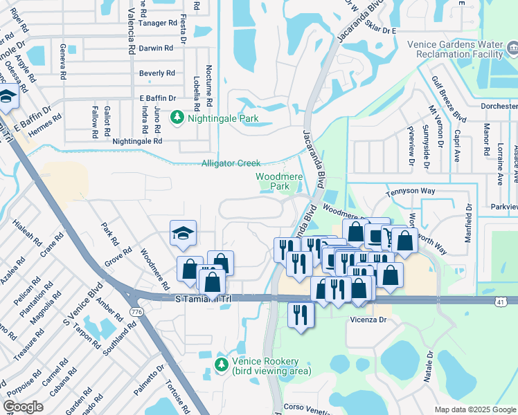 map of restaurants, bars, coffee shops, grocery stores, and more near 3896 Woodmere Park Boulevard in Venice
