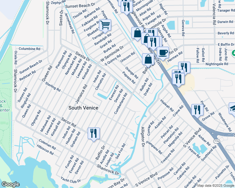 map of restaurants, bars, coffee shops, grocery stores, and more near 3490 Siesta Drive in Venice