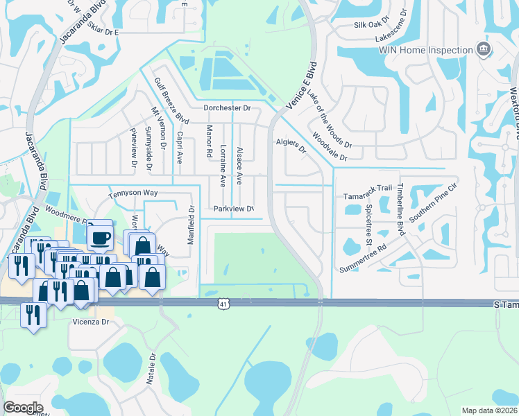 map of restaurants, bars, coffee shops, grocery stores, and more near 232 Parkview Drive in Venice
