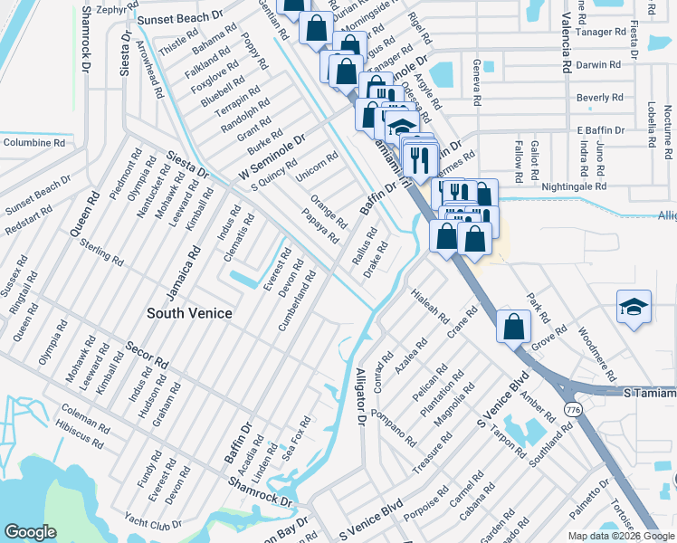 map of restaurants, bars, coffee shops, grocery stores, and more near 440 Baffin Drive in Venice