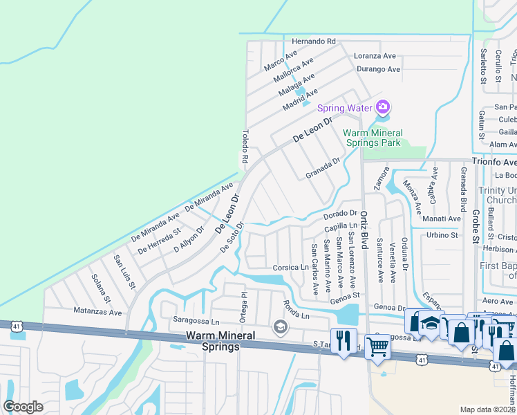 map of restaurants, bars, coffee shops, grocery stores, and more near 415 Sebastian Road in North Port