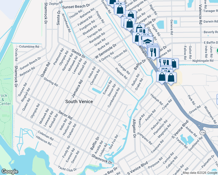 map of restaurants, bars, coffee shops, grocery stores, and more near 647 Roanoke Road in Venice