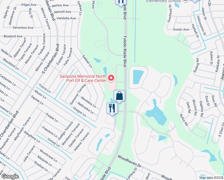 map of restaurants, bars, coffee shops, grocery stores, and more near 2525 Bobcat Village Center Road in North Port