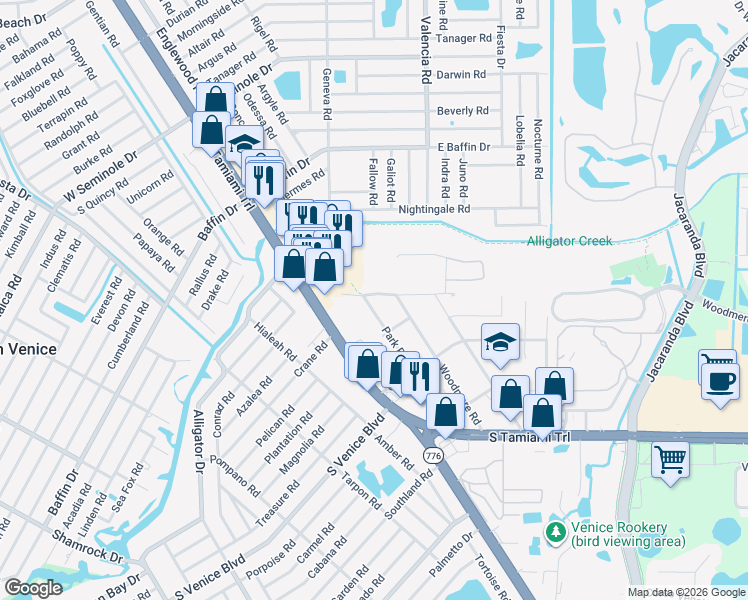 map of restaurants, bars, coffee shops, grocery stores, and more near 2177 Park Road in Venice