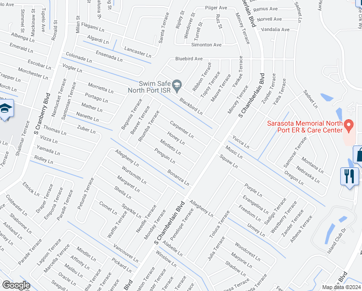 map of restaurants, bars, coffee shops, grocery stores, and more near 2241 Honey Lane in North Port