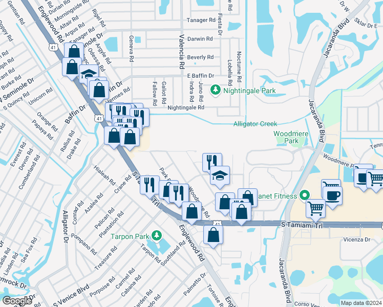 map of restaurants, bars, coffee shops, grocery stores, and more near 2201 Seaboard Avenue in Venice