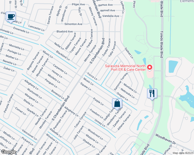 map of restaurants, bars, coffee shops, grocery stores, and more near 2486 Yalta Terrace in North Port