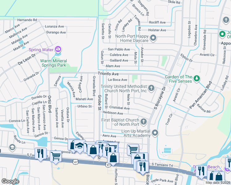 map of restaurants, bars, coffee shops, grocery stores, and more near 4359 Los Rios Street in North Port