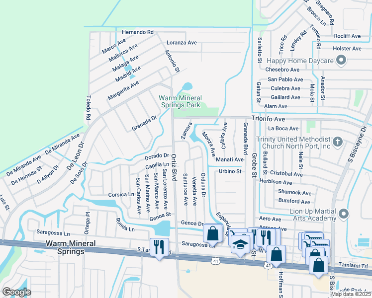 map of restaurants, bars, coffee shops, grocery stores, and more near 12206 Liguria Avenue in North Port