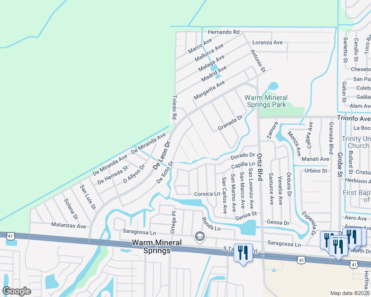 map of restaurants, bars, coffee shops, grocery stores, and more near 415 Sebastian Road in North Port