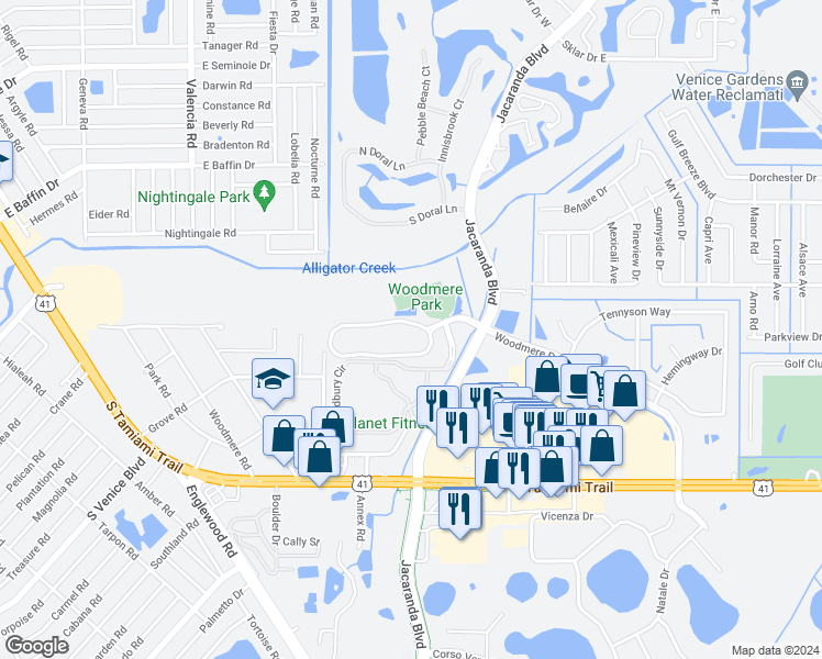 map of restaurants, bars, coffee shops, grocery stores, and more near 3896 Woodmere Park Boulevard in Venice