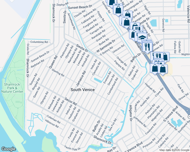 map of restaurants, bars, coffee shops, grocery stores, and more near 735 Clematis Road in Venice
