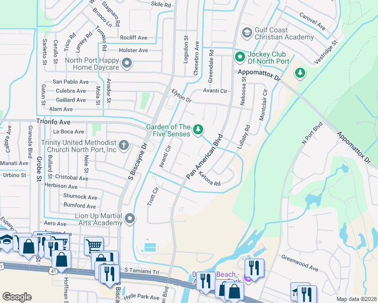 map of restaurants, bars, coffee shops, grocery stores, and more near 7178 Natchez Court in North Port