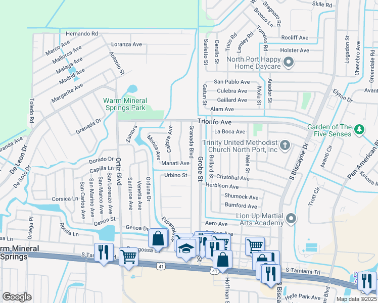 map of restaurants, bars, coffee shops, grocery stores, and more near 414 Granada Boulevard in North Port