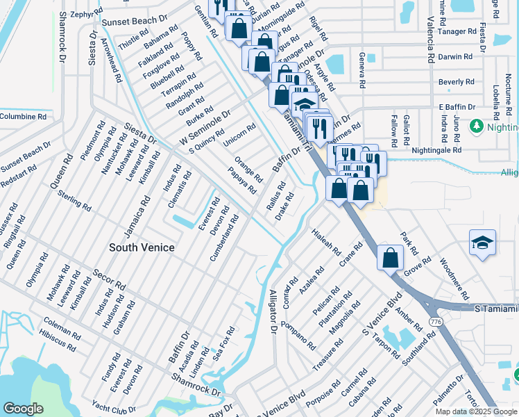 map of restaurants, bars, coffee shops, grocery stores, and more near 440 Baffin Drive in Venice
