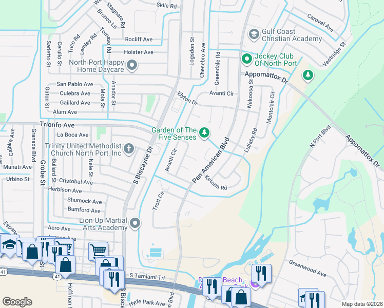 map of restaurants, bars, coffee shops, grocery stores, and more near 7178 Natchez Court in North Port