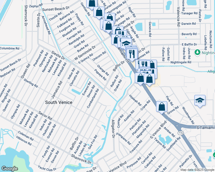 map of restaurants, bars, coffee shops, grocery stores, and more near 440 Baffin Drive in Venice