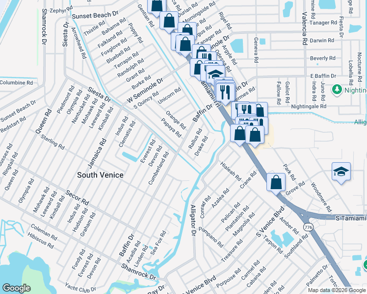 map of restaurants, bars, coffee shops, grocery stores, and more near 445 Baffin Drive in Venice